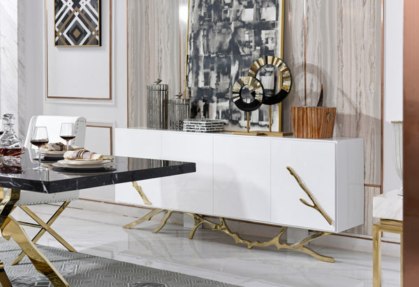 VIG Furniture Legend White & Gold Buffet — High-Gloss Lacquer, Champagne Stainless Base, Spacious Organized Storage, No Assembly Needed VGVCG8111-WHTGLD