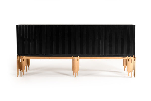 VIG Furniture Token Modern Black & Rosegold Buffet — High-Gloss Black Credenza With Rosegold Stainless Base, 78" Long VGVCG816