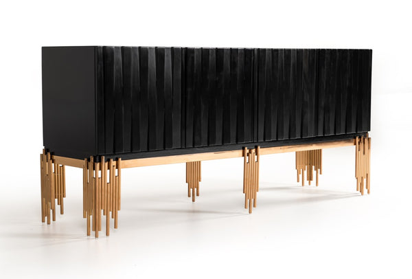 VIG Furniture Token Modern Black & Rosegold Buffet — High-Gloss Black Credenza With Rosegold Stainless Base, 78" Long VGVCG816