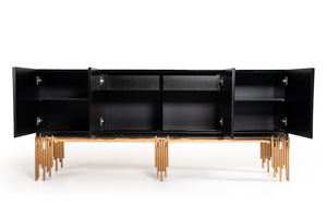 VIG Furniture Token Modern Black & Rosegold Buffet — High-Gloss Black Credenza With Rosegold Stainless Base, 78" Long VGVCG816