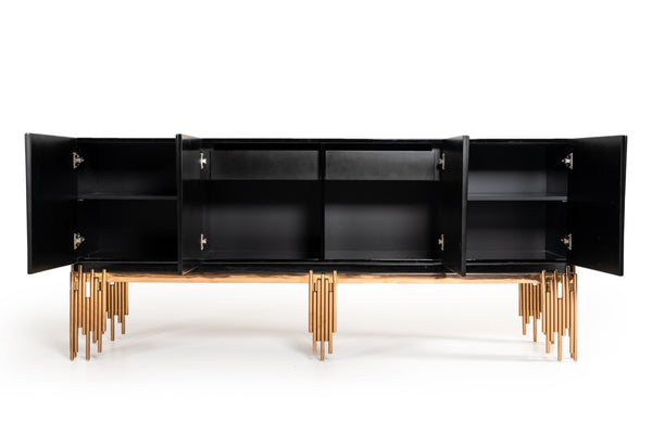 VIG Furniture Token Modern Black & Rosegold Buffet — High-Gloss Black Credenza With Rosegold Stainless Base, 78" Long VGVCG816