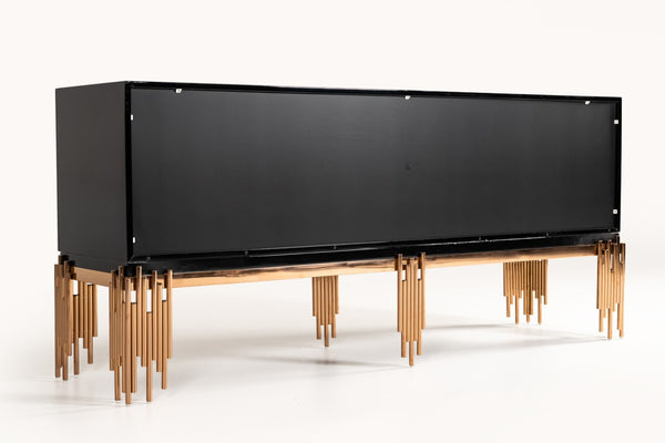 VIG Furniture Token Modern Black & Rosegold Buffet — High-Gloss Black Credenza With Rosegold Stainless Base, 78" Long VGVCG816