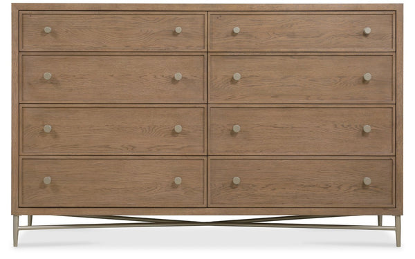 Hooker Furniture Sonnet Wren Eight-Drawer Dresser With Cane Accents, White Oak Veneer, Cedar-Lined Drawers, Metal Base 6072-90002-85