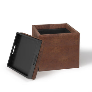 English Elm Rockwood Cube Storage Ottoman With Tray - Stylish Distressed Brown Faux Leather For Modern Spaces B136P159099-GIGA