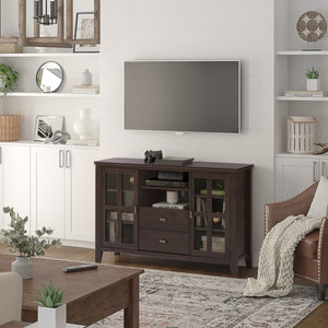English Elm Artisan Tall Tv Media Stand In Dark Chestnut Brown – Handcrafted Solid Wood With Elegant Storage Solutions B136P158406