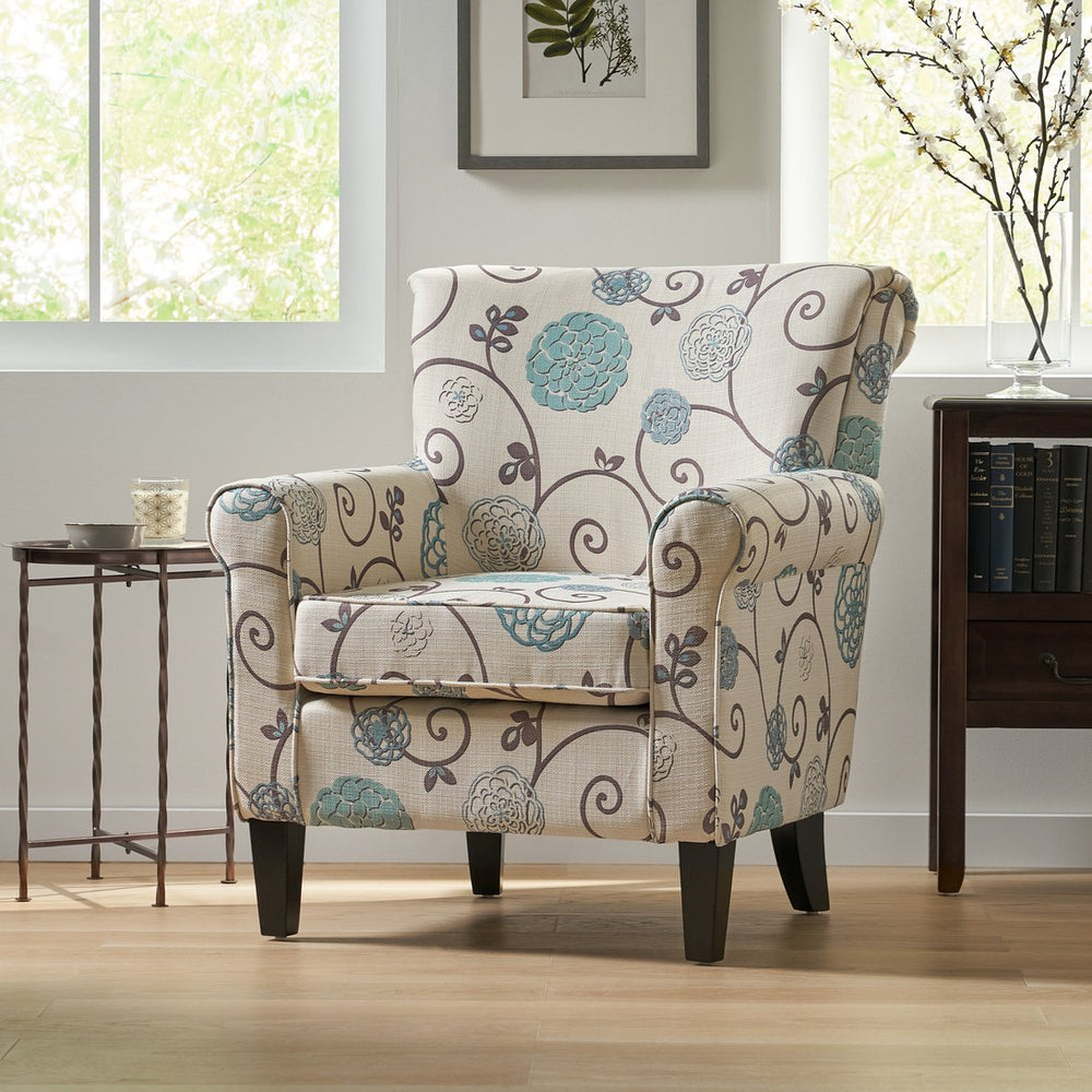 English Elm Jasmine Floral Upholstered Club Chair with Tapered Birch Legs and Tonal Piping Detail 52052.00WBLU
