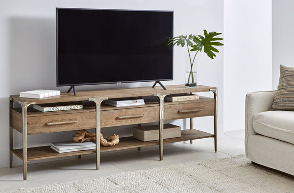 A.R.T. Furniture Stockyard Transitional Entertainment Console With Smoked Finish, Storage Drawers & Stylish Metal Legs Brown Materials, Ash And Poplar Solids,Knotty White Oak Veneers,Resin 284423-2303