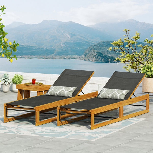 English Elm Christopher Knight Home® - MIA Chaise Lounge with Breathable Mesh Seating and Durable Acacia Wood Frame for Outdoor Relaxation Teak 51 L x 28.5 W x 17 H 72209.00BLKMP2