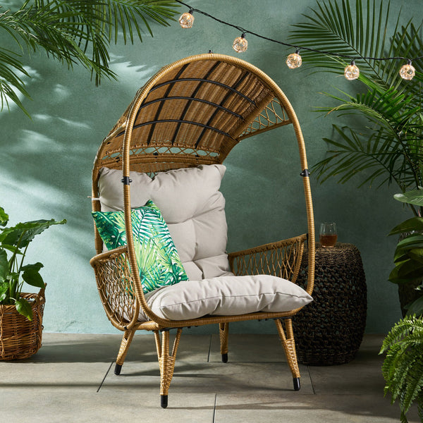 English Elm Christopher Knight Home® - MALIA Wicker Standing Basket Chair with Water-Resistant Cushion, Iron Frame, Handcrafted Outdoor Cozy Retreat Brown+Beige 68018.00LBGE