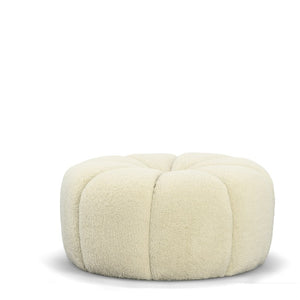 VIG Furniture Gadson Plush White Sherpa Ottoman — Channel-Tufted, Low-Profile Round Accent Seat, 32" X 16" VGODZW-20094-WHT-OTT