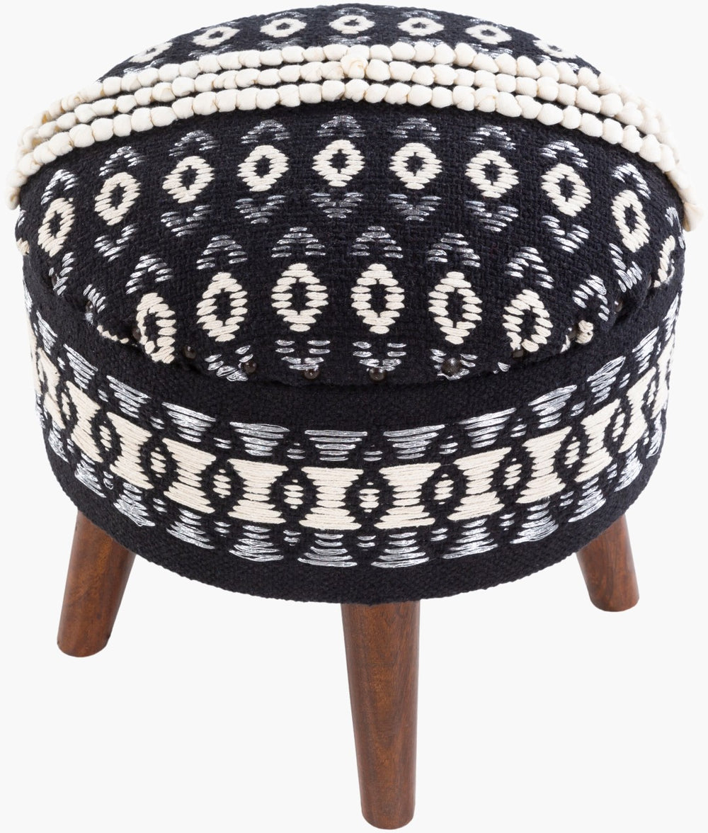 Surya Granna Modern 16” Ottoman - Durable Cotton & Wood, Stylish Home Accent For Chic Decor Spaces Upholstery, Black Cotton,Mango Wood,Polyurethane Foam Gan-001