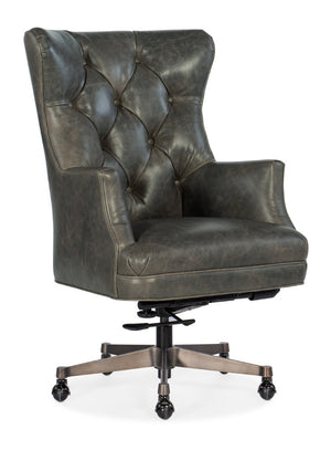 Hooker Furniture Brinley Executive Swivel Tilt Chair In Bellaire Braige Leather With Tufted Wingback, Metal Base, Casters Grey EC466-091