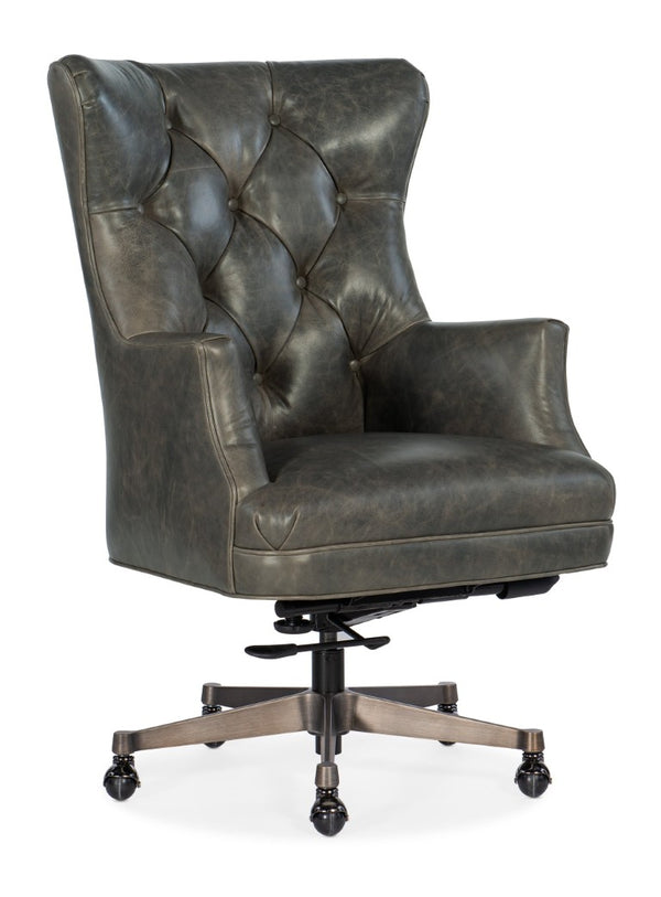 Hooker Furniture Brinley Executive Swivel Tilt Chair In Bellaire Braige Leather With Tufted Wingback, Metal Base, Casters Grey EC466-091