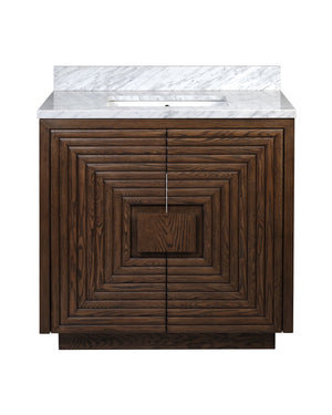 Currey & Company Morombe 36" Distressed Cocoa Marble Vanity With Rectangular Undermount Sink & Smart Storage Solutions Brown Oak Solids & Veneers ,Carrara Marble ,Vitreous China 3800-0012-currey-company