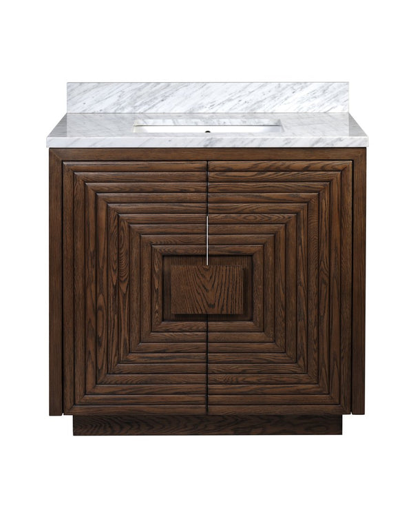 Currey & Company Morombe 36" Distressed Cocoa Marble Vanity With Rectangular Undermount Sink & Smart Storage Solutions Brown Oak Solids & Veneers ,Carrara Marble ,Vitreous China 3800-0012-currey-company