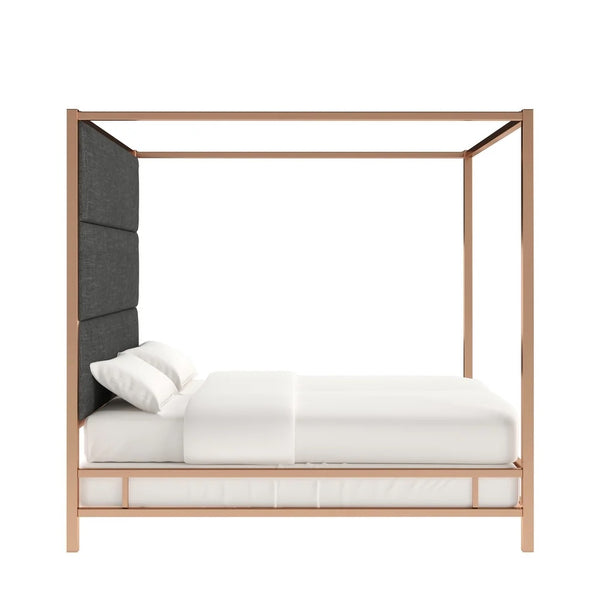 Homelegance By Top-Line Marcel Champagne Gold Canopy Bed with Linen Panel Headboard Champage Gold Metal