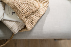 Hooker Furniture Boheme Vintage Madera Bed Bench With Antwerp Linen Seat, Scalloped Apron & Bronze Nailhead Trim, Antique Finish 5750-90019-MWD