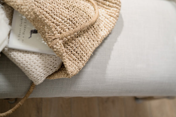 Hooker Furniture Boheme Vintage Madera Bed Bench With Antwerp Linen Seat, Scalloped Apron & Bronze Nailhead Trim, Antique Finish 5750-90019-MWD