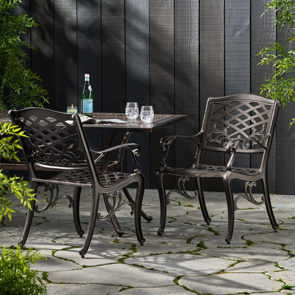 English Elm Phoenix Cast Aluminum Outdoor Dining Arm Chairs Ornate Lattice Scroll Garden Set Bronze 54589.00BZE