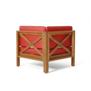 English Elm Brava Acacia Wood Outdoor Modular Sofa Set Mid-century Slatted Cross-back Patio Seating Red 57967-8-64489RED-64496.00
