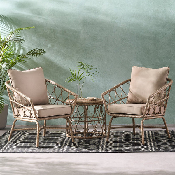 English Elm Christopher Knight Home® - BRUCE Brown 3PC Chat Set – PE Rattan Bistro Patio Seating with Iron Frame & Waterproof Cushions, Compact 70414.00LBRN