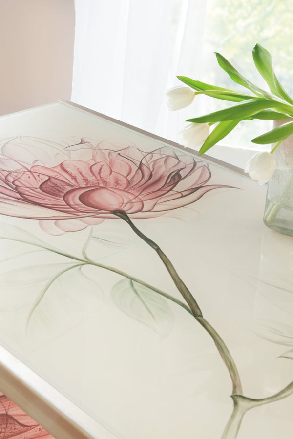Hooker Furniture Blossoming Hope Glass Writing Desk — Ultra White Reverse-Painted Floral Top, Gold Metal Frame, Elegant Transitional Style 5000-10003-647