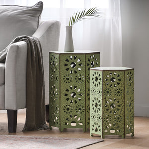 English Elm Eliana Outdoor Iron Nesting Side Tables with Sunburst Cutout and Crackle Finish Patio Accent Set Green 69740.00CGRN
