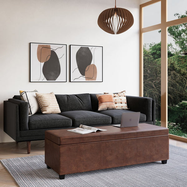 English Elm Avalon Extra Large Storage Ottoman Bench - Stylish Distressed Saddle Brown Faux Leather Design B136P158656