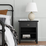 Hearth and Haven Solid Wood Nightstand with Drawer and Open Shelf Storage B136P158381 Black