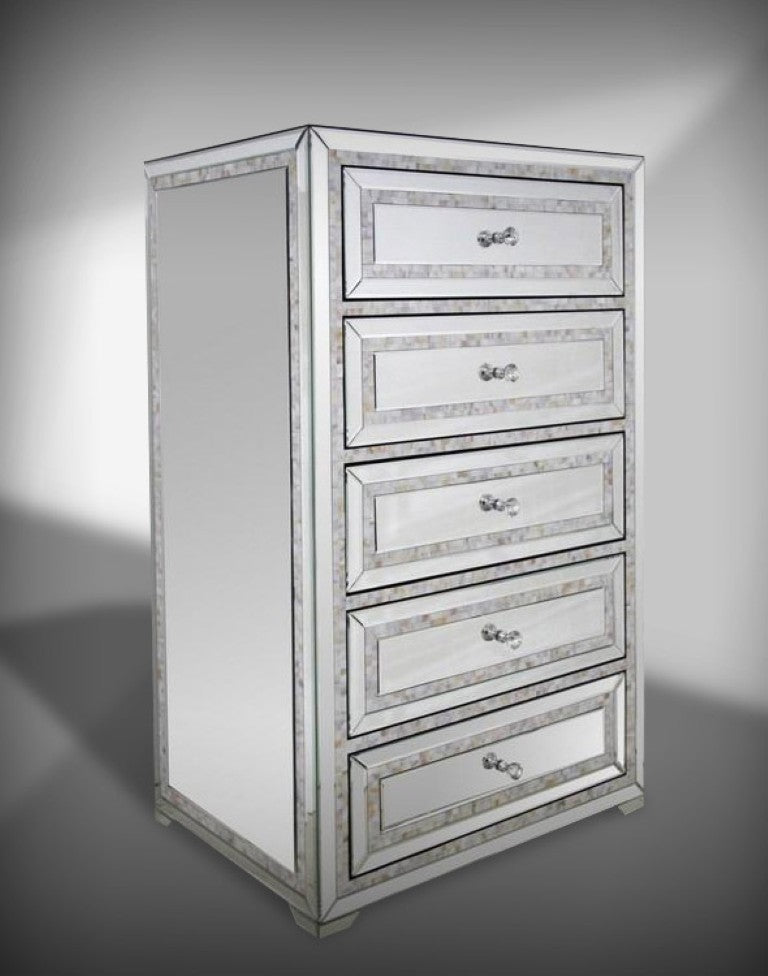 VIG Furniture Mirabelle Mirrored Chest With Shell Inlay, 5 Drawers & Crystal Pulls — Luminous Storage Accent VGMCGD-1285