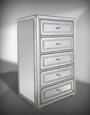 VIG Furniture Mirabelle Mirrored Chest With Shell Inlay, 5 Drawers & Crystal Pulls — Luminous Storage Accent VGMCGD-1285