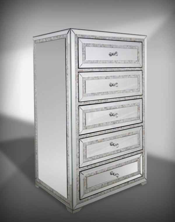 VIG Furniture Mirabelle Mirrored Chest With Shell Inlay, 5 Drawers & Crystal Pulls — Luminous Storage Accent VGMCGD-1285