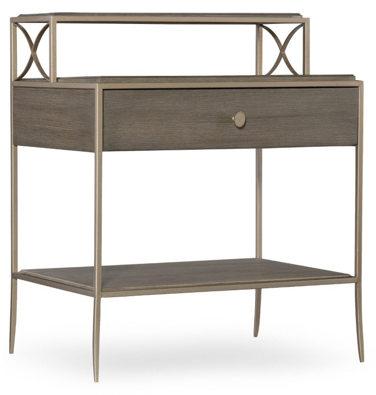 Hooker Furniture Elixir Sand-Blasted Walnut Nightstand With Champagne Silver Accents, Drawer & Shelves — Modern Texture 5990-90116-DKW