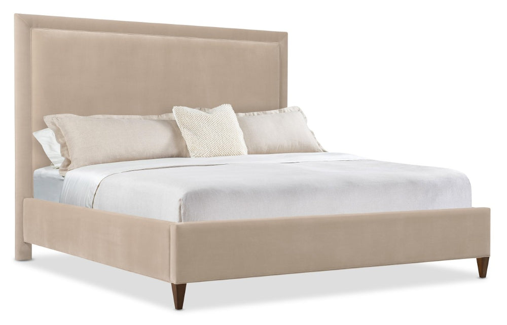 Hooker Furniture Archives Queen Upholstered Bed In Liber Oat Velvet With Walnut Veneers, Distressed Classic Walnut Finish 90.00 L x 69.00W x 64.00H 6123-90950-89