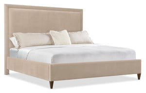 Hooker Furniture Archives Queen Upholstered Bed In Liber Oat Velvet With Walnut Veneers, Distressed Classic Walnut Finish 90.00 L x 69.00W x 64.00H 6123-90950-89