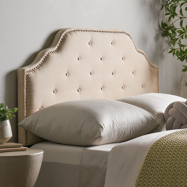 English Elm Tufted Queen Headboard with Nailhead Trim Solid Wood Frame and Adjustable Metal Legs Beige 57877.00