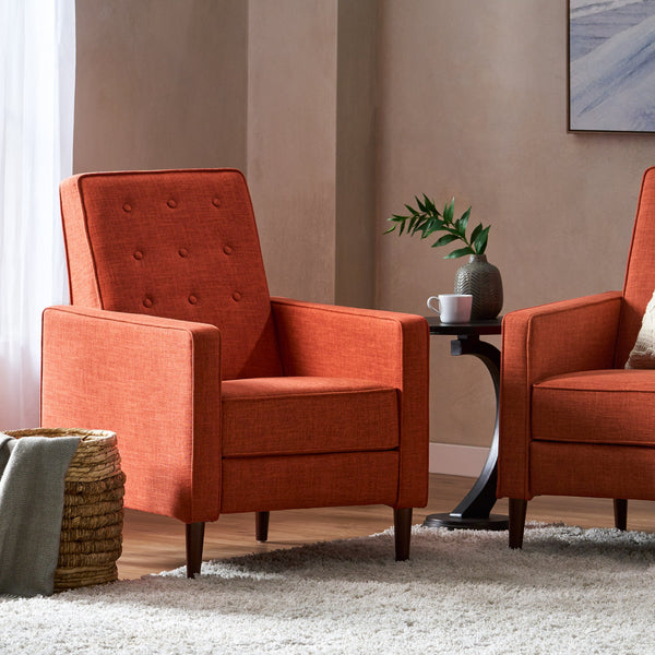 English Elm Christopher Knight Home® - Fabric Recliner Chair Mid-Century Modern Pushback Single Sofa with Tufted Cushion, Birch Legs, Cozy Comfort Orange 60741.00MORG