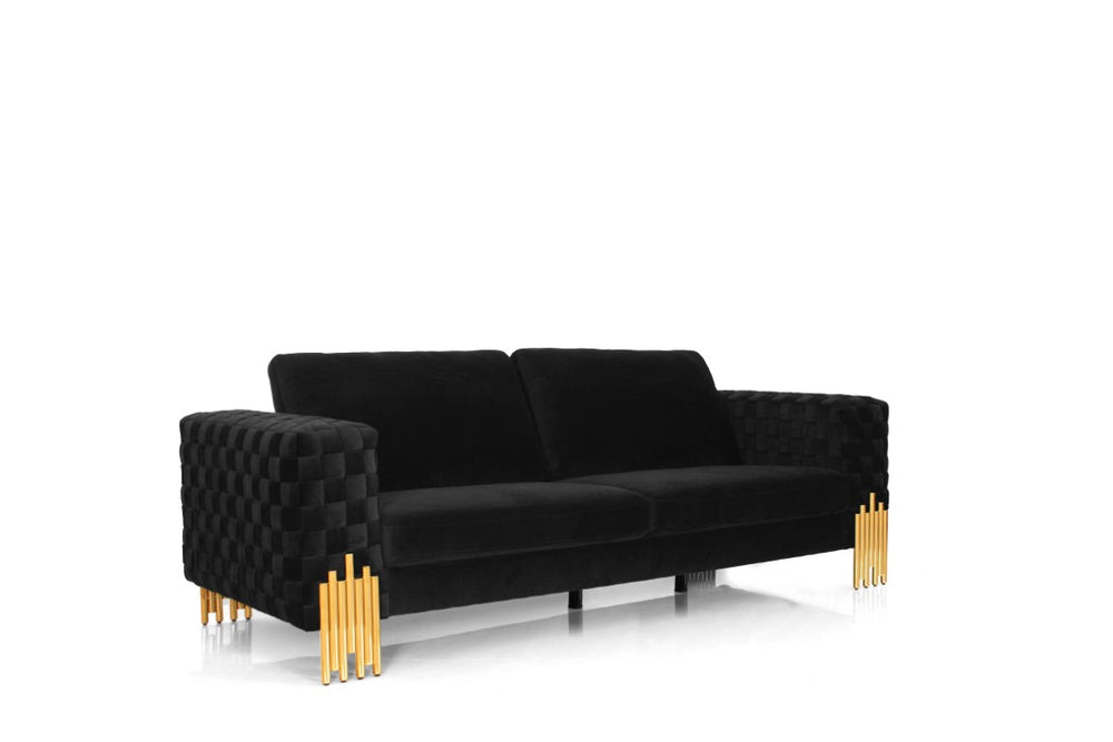VIG Furniture Georgia- Velvet Glam Sofa In Black Velvet With Gold Art Deco Legs, Removable Cushions, 94.5"W VGKNK8622-S