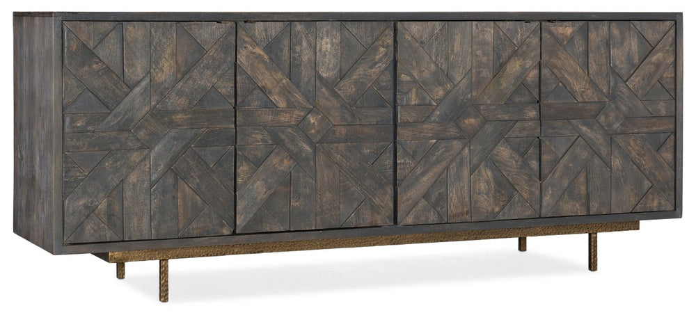 Hooker Furniture Commerce Mango Wood Credenza With Layered Textured Doors, Gold Base & Antique Brass Pulls For Stylish Storage And Media Organizing 7228-85018-89
