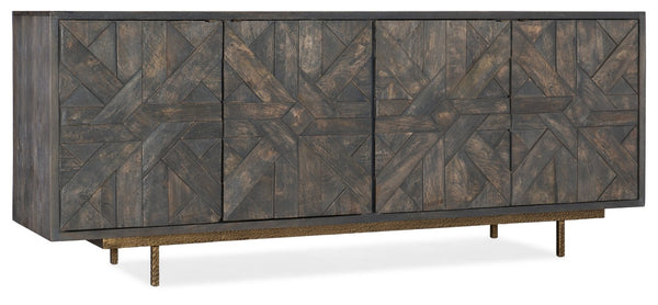 Hooker Furniture Commerce Mango Wood Credenza With Layered Textured Doors, Gold Base & Antique Brass Pulls For Stylish Storage And Media Organizing 7228-85018-89