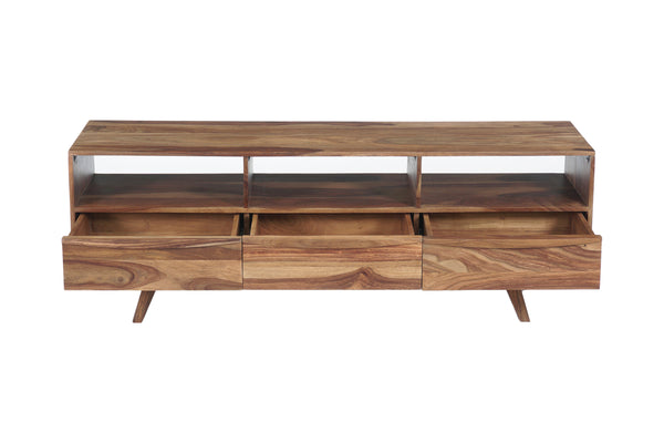 Porter Designs Porter Fusion Solid Sheesham Wood Tv Stand With 3 Drawers & Open Storage, Mid-century Modern Design Light Brown Wood 06-117-03-6733n