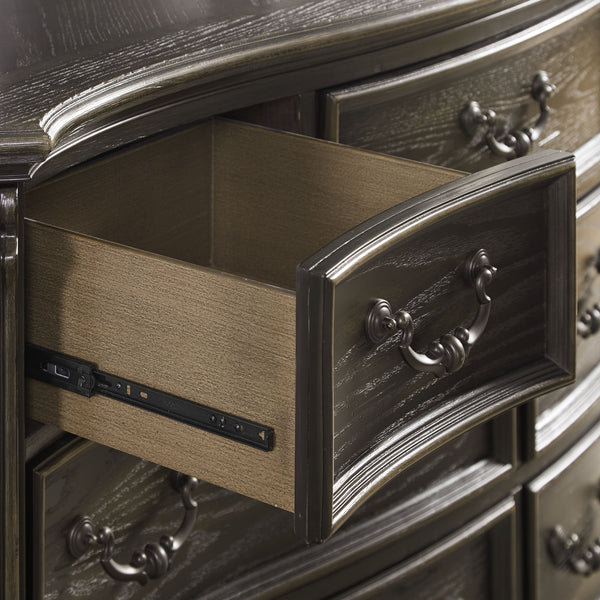 English Elm Steve Silver - Rhapsody Antique-Inspired 7-Drawer Dresser in Dark Brown Wood Finish, Fluted Pilasters & Scrollwork B081P157096