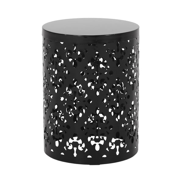 English Elm Outdoor Iron Accent Table Laser Cut Floral Cylinder Design for Patio or Balcony Black 73605.00BLK