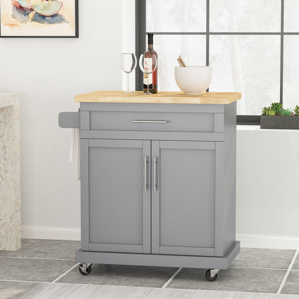 English Elm Christopher Knight Home® - Kitchen Island Cart Grey with Solid Rubberwood Top, Mobile Storage Cabinet, Drawer, Towel Rack, Wheels 67795.00NATGRY
