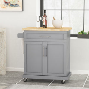 English Elm Christopher Knight Home® - Kitchen Island Cart Grey with Solid Rubberwood Top, Mobile Storage Cabinet, Drawer, Towel Rack, Wheels 67795.00NATGRY