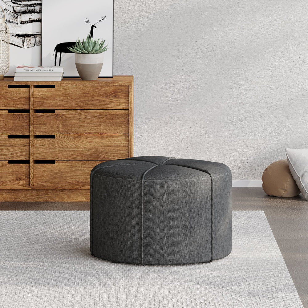 English Elm Ottoman Round Drum Tufted Footrest Neutral Fabric for Modern Living Rooms 71829.00CHAR