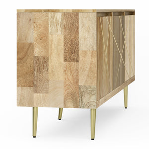 English Elm Jager Mid-Century Sideboard Buffet in Natural Mango Wood with Gold Brass Inlay & Soft-Close Doors B136P158752