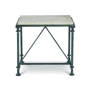 Bernhardt Bernhardt Sculptural Metal End Table With Cream Honed Stone Top And Architectural Column Base Antique Silver / Travertine Stone 22.75"W x 26.75"D x 24"H 537121