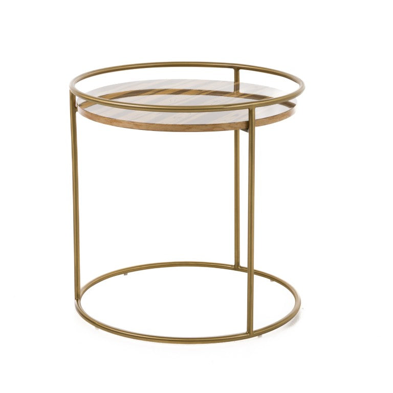 VIG Furniture Gilcrest Round Glam Brown Faux-Marble End Table With Brushed Gold Frame, Compact No-Assembly Accent VGODLZ-199E