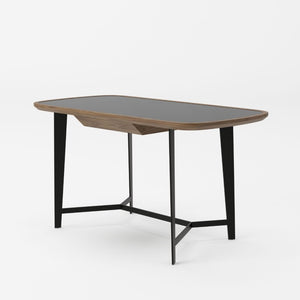 VIG Furniture Girard Mid-Century Walnut Desk With Black Glass Inset, Tapered Metal Legs & Soft-Closing Drawer VGBBMQ2002DK-2